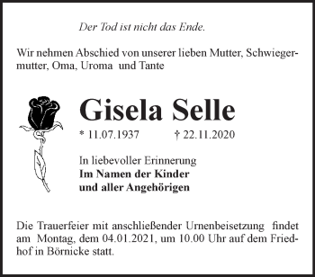 Traueranzeige von Gisela Selle von Märkische Oderzeitung