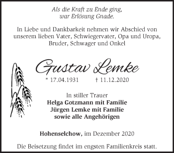 Traueranzeige von Gustav Lemke von Märkische Oderzeitung