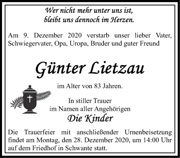 Traueranzeige von Günter Lietzau von Märkische Oderzeitung