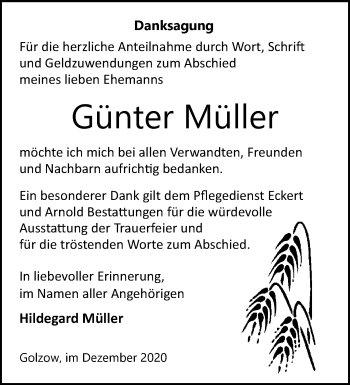 Traueranzeige von Günter Müller von Märkische Oderzeitung