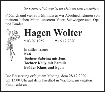 Traueranzeige von Hagen Wolter von Märkische Oderzeitung