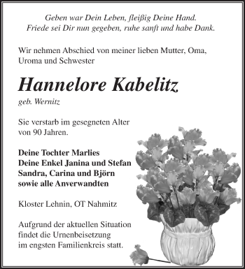 Traueranzeige von Hannelore Kabelitz von Märkische Oderzeitung