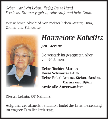 Traueranzeige von Hannelore Kabelitz von Märkische Oderzeitung