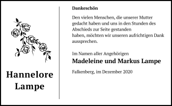 Traueranzeige von Hannelore Lampe von Märkische Oderzeitung