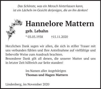 Traueranzeige von Hannelore Mattern von Märkische Oderzeitung