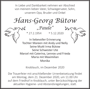 Traueranzeige von Hans-Georg Bütow von Märkische Oderzeitung