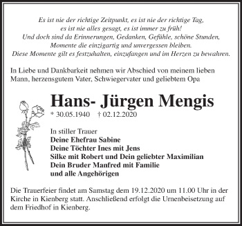 Traueranzeige von Hans-Jürgen Mengis von Märkische Oderzeitung