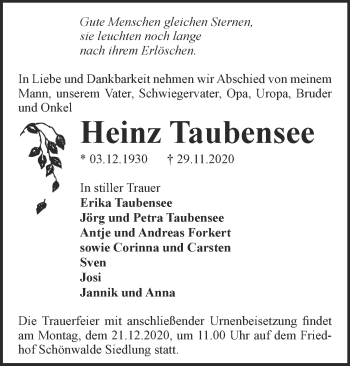 Traueranzeige von Hans Taubensee von Märkische Oderzeitung