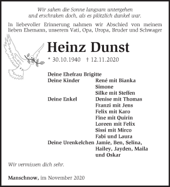 Traueranzeige von Heinz Dunst von Märkische Oderzeitung