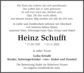 Traueranzeige von Heinz Schufft von Märkische Oderzeitung