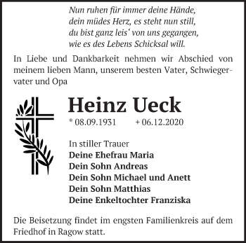 Traueranzeige von Heinz Ueck von Märkische Oderzeitung