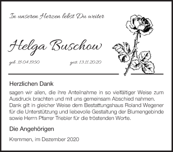 Traueranzeige von Helga Buschow von Märkische Oderzeitung