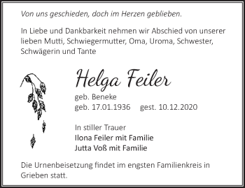 Traueranzeige von Helga Feiler von Märkische Oderzeitung