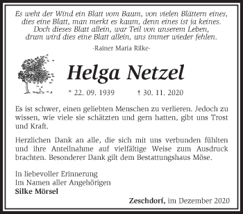 Traueranzeige von Helga Netzel von Märkische Oderzeitung