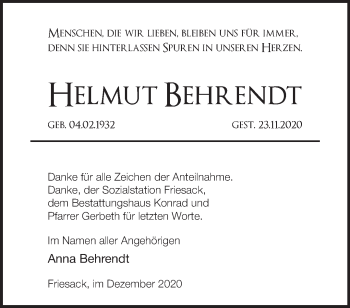 Traueranzeige von Helmut Behrendt von Märkische Oderzeitung