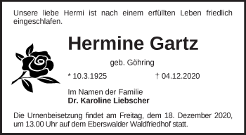 Traueranzeige von Hermine Gartz von Märkische Oderzeitung