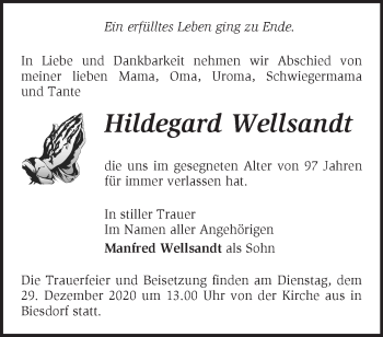 Traueranzeige von Hildegard Wellsandt von Märkische Oderzeitung