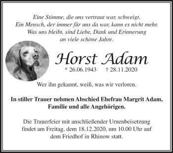 Traueranzeige von Horst Adam von Märkische Oderzeitung