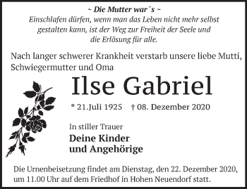 Traueranzeige von Ilse Gabriel von Märkische Oderzeitung