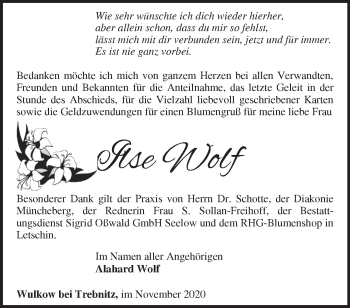 Traueranzeige von Ilse Wolf von Märkische Oderzeitung