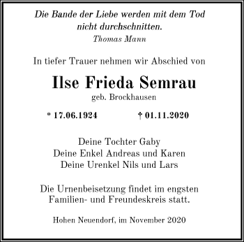 Traueranzeige von Ilse Frieda Semrau von Märkische Oderzeitung