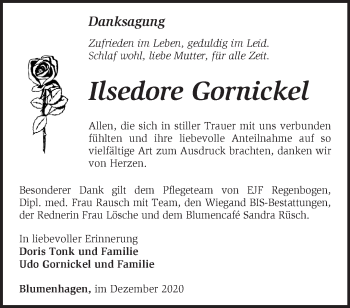 Traueranzeige von Ilsedore Gornickel von Märkische Oderzeitung