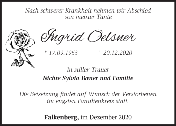 Traueranzeige von Ingrid Oelsner von Märkische Oderzeitung