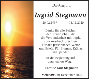 Traueranzeige von Ingrid Stegmann von Märkische Oderzeitung