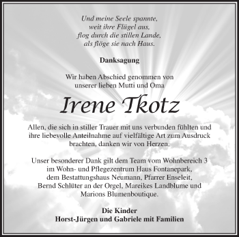 Traueranzeige von Irene Tkotz von Märkische Oderzeitung