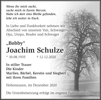 Traueranzeige von Joachim Schulze von Märkische Oderzeitung