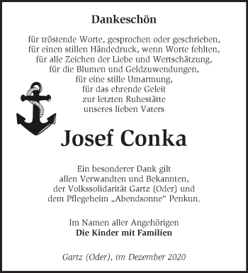 Traueranzeige von Josef Conka von Märkische Oderzeitung