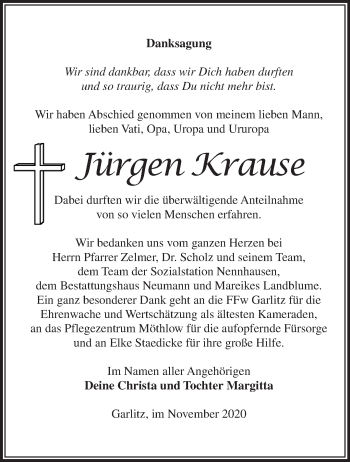 Traueranzeige von Jürgen Krause von Märkische Oderzeitung