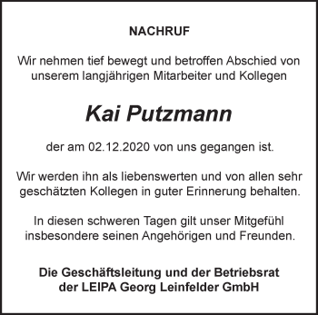 Traueranzeige von Kai Putzmann von Märkische Oderzeitung