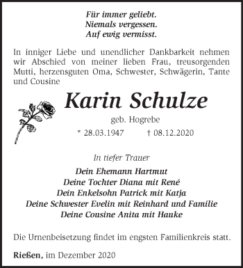 Traueranzeige von Karin Schulze von Märkische Oderzeitung