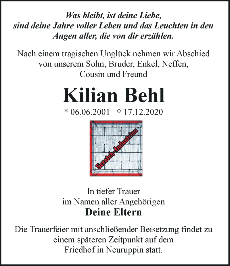  Traueranzeige für Kilian Behl vom 26.12.2020 aus Märkische Oderzeitung