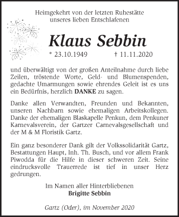 Traueranzeige von Klaus Sebbin von Märkische Oderzeitung