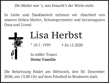 Traueranzeige von Lisa Herbst von Märkische Oderzeitung