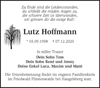 Traueranzeige von Lutz Hoffmann von Märkische Oderzeitung