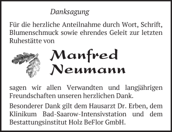 Traueranzeige von Manfred Neumann von Märkische Oderzeitung