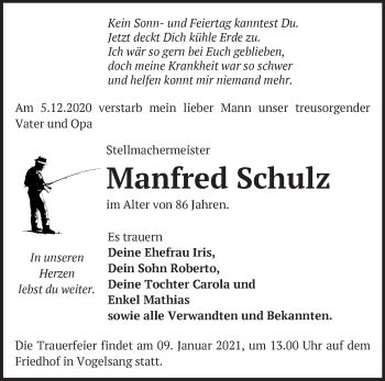 Traueranzeige von Manfred Schulz von Märkische Oderzeitung