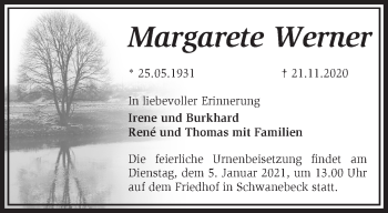 Traueranzeige von Margarete Werner von Märkische Oderzeitung