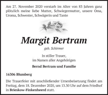 Traueranzeige von Margit Bertram von Märkische Oderzeitung