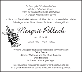 Traueranzeige von Margrit Pollack von Märkische Oderzeitung