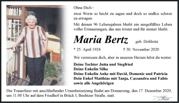 Traueranzeige von Maria Bertz von Märkische Oderzeitung