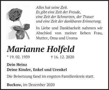 Traueranzeige von Marianne Holfeld von Märkische Oderzeitung