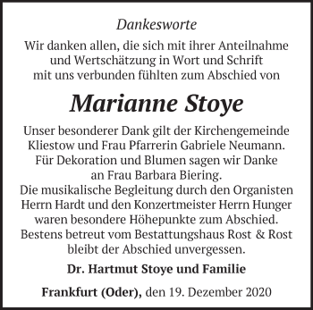 Traueranzeige von Marianne Stoye von Märkische Oderzeitung