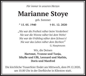 Traueranzeige von Marianne Stoye von Märkische Oderzeitung