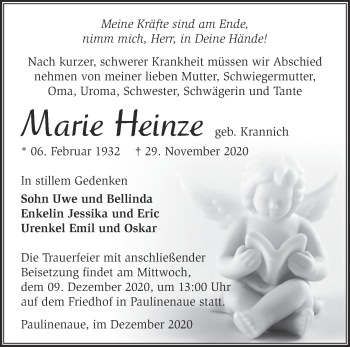 Traueranzeige von Marie Heinze von Märkische Oderzeitung