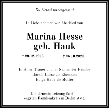 Traueranzeige von Marina Hesse von Märkische Oderzeitung