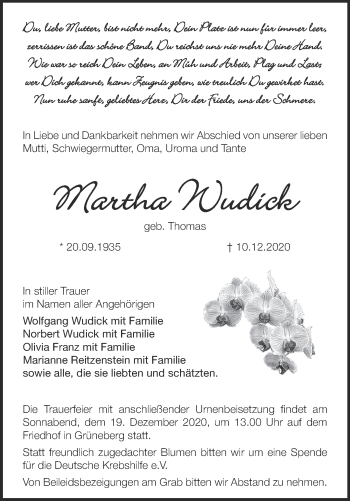 Traueranzeige von Martha Wudick von Märkische Oderzeitung